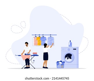 Laundry Services Vector Illustration Concept Showing Laundry Service Industry Activity, Suitable for landing page, ui, web, App intro card, editorial, flyer, and banner.