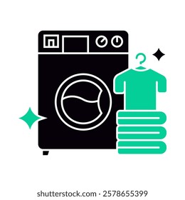 Laundry Services – Washing Machine and Clean Clothes Representing High-Quality Fabric Care and Laundry Solutions for a Tidy, Fresh Wardrobe. Vector illustration.