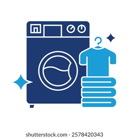 Laundry Services – Washing Machine and Fresh Clothes Representing Fabric Care and Washing Services. Vector illustration.