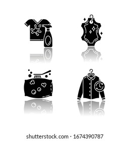 Servicios de lavado, tipos de lavado dejan caer los iconos de glifo negro en la sombra. Limpieza en seco de cuero y eliminación de manchas, lavandería exprés y limpieza de almohadas. Ilustraciones vectoriales aisladas en el espacio blanco