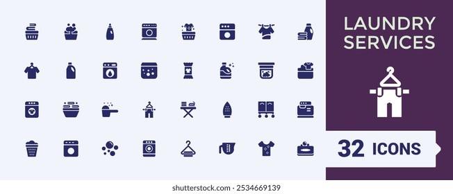 WäscheserviceSet von Web-Icons in solidem Stil. Perfekt für gefüllte UI-Designs mit Kleiderreinigung, Kleiderpflege, Tuchpflege, Stoffreinigung und mehr. Gliederungssymbolsammlungen.