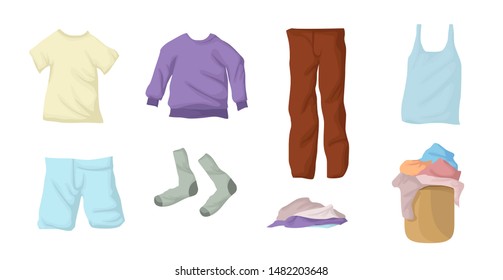 Laundry set. Clothes collection . Socks, linen, t shirt, sweatshirt, jacket, shorts, jeans in a wicker basket. 
