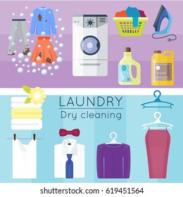 Laundry set with clothes. Vector illustration. Cartoon, flat style