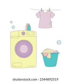 Laundry set. Doodle and flat style. Vector
