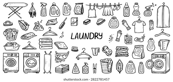 Laundry set. Hand drawn vector doodle. Washing and drying clothes. House cleaning. Powder, gel for washing machine. Ironing board, iron. Illustration art line.