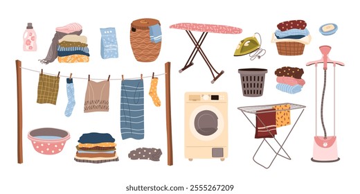 Laundry set. Isolated housework elements for cleaning, washing and ironing. Clothes, washing machine, softener, clothes steamer, drying rack, powder detergent, ironing board. Vector illustrations.