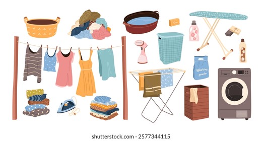 Laundry set. Isolated housework elements for cleaning, washing and ironing. Clothes, washing machine, softener, clothes steamer, drying rack, powder detergent, ironing board. Vector illustrations.