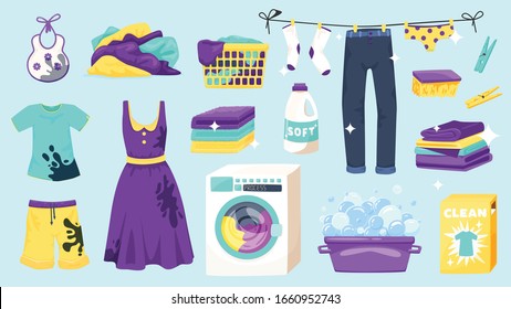 Laundry set of isolated icons and colourful goods images with hanging drying clothes and washing machine vector illustration