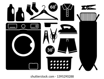 Laundry. Laundry set silhouettes. Design elements in black and white style. Washing machine, ironing board, electric iron, clothes basket, bleaches liquid and other.