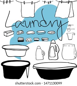 Laundry. The set of stuff for handwash. Black and white hand drawn sketch of basin, soaps, brushes, powder and bleach. Simple design. 