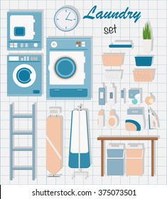 Laundry set with washing machine, iron, ironing board, clothes pole in flat style. Vector illustration eps10