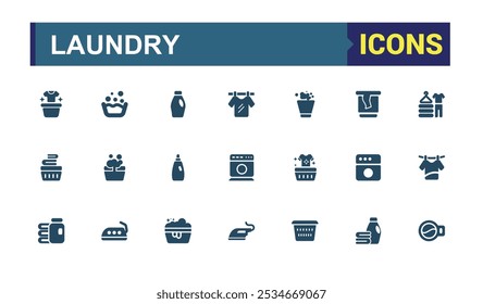 Laundry set of web icons in solid style. Includes filled washing, cloth care, garment cleaning, laundry, clothing care, laundry services and more. Simple icon for mobile and web apps.