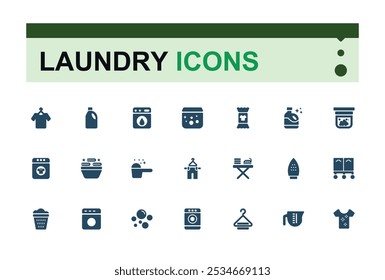 Laundry set of web icons in solid style. Includes filled washing, cloth care, garment cleaning, laundry, clothing care, laundry services and more. Simple icon for mobile and web apps.