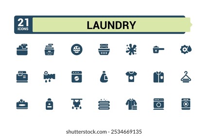 Laundry set of web icons in solid style. Includes filled washing, cloth care, garment cleaning, laundry, clothing care, laundry services and more. Simple icon for mobile and web apps.