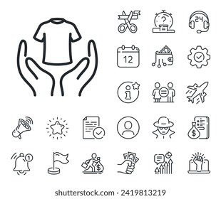 Laundry shirt sign. Salaryman, gender equality and alert bell outline icons. Hold t-shirt line icon. Clothing cleaner symbol. Hold t-shirt line sign. Spy or profile placeholder icon. Vector