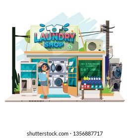 laundry shop building. commercial buildings vintage - vector illustration