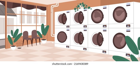Laundry Shop, Empty Room With Washing Machines Row. Public Industrial Self-service Laundromat With Automatic Washers For Cleaning, Drying Clothes. Laundrette Interior. Flat Vector Illustration