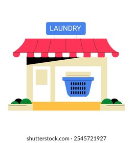 Laundry Shop Exterior With Basket Sign In Flat Vector Illustration Symbolizing Laundry Services And Cleanliness, Isolated On White Background