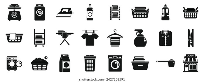 Laundry shop icons set simple vector. Cloth iron basket. Business clean machine