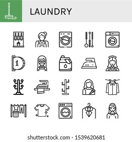 laundry simple icons set. Contains such icons as Mop, Machine, Maid, Washing machine, Cleaning brush, Insert coin, Cleaner, Iron, Coat stand, can be used for web, mobile and logo