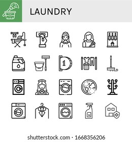 juego de iconos sencillos de la lavandería. Contiene iconos como Limpieza, Tabla de planchar, Insertar moneda, Maid, Housekeeper, Machine, Cleaner, Mop, Lavandería, puede ser usado para web, móvil y logotipo