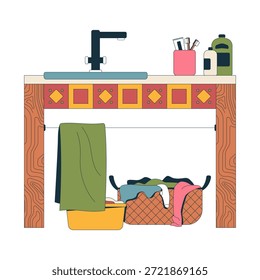 Fregadero de lavandería con cesta de almacenamiento objeto de dibujos animados 2D. Grifo ecléctico, toalla colgante, lavabo de ropa, cesta de mimbre, artículos de tocador elemento aislado Vector plano Clip arte en blanco. Ilustración de punto