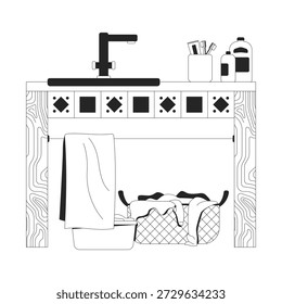 Laundry sink with storage basket 2D line object. Eclectic faucet, hanging towel, clothes basin, wicker hamper, toiletries isolated clipart vector ink outline item. Monochrome spot illustration