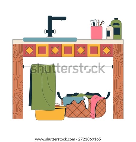 Laundry sink with storage basket 2D cartoon object. Eclectic faucet, hanging towel, clothes basin, wicker hamper, toiletries isolated element flat vector clip art on white. Spot illustration