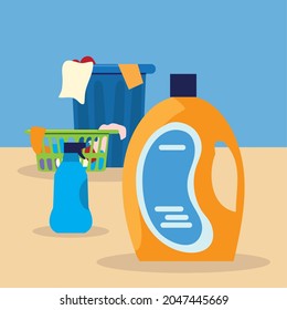 laundry soap liquid and clothes with basket