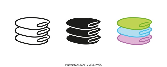 Laundry stack icon. Folded clothes pile vector illustration. Neatly arranged textile symbol. Clean fabric storage sign. Home wardrobe organization concept.