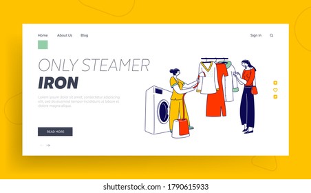 Laundry Staff Steam Garment on Hanger at Public Laundrette Landing Page Template. Female Character Use Steamer Iron for Clothes Care, Professional Apparel Steaming. Linear People Vector Illustration