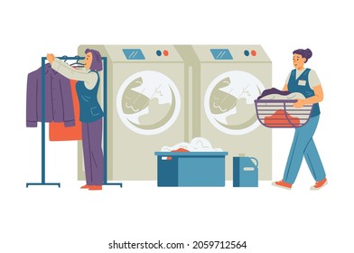 Laundry Staff Washing And Cleaning Clients Clothes And Linens, Flat Vector Illustration Isolated On White Background. Laundry And Dry Clean Services Personnel At Work.