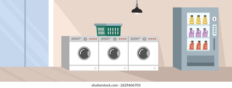 Laundry store. Cleaning clothes. Detergent. Vending machine. Washing machine. Glass door. Washing room.