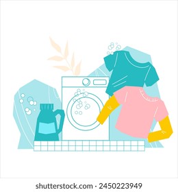 Laundry supplies and washing detergent, vector banner. Different types of detergents and laundry products to keep your clothes clean and fresh, flat vector banner backdrop isolated on white.