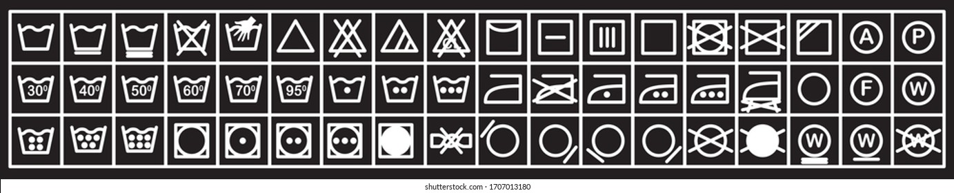 Laundry Symbol Collection. Fabric or Clothes Warning Icon set. Garment Label User Guide Vectors