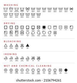 Laundry symbols, care symbols. Washing, drying, bleaching, ironing and cleaning. Laundry guide, care tags, labels and pictograms with instruction. Set of black linear icons of washing guide. Vector