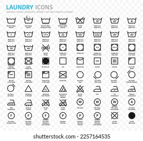 Laundry symbols, care symbols. Washing, drying, bleaching, ironing and cleaning. Laundry guide, care tags, labels and pictograms with instruction. Set of black linear icons of washing guide. Vector