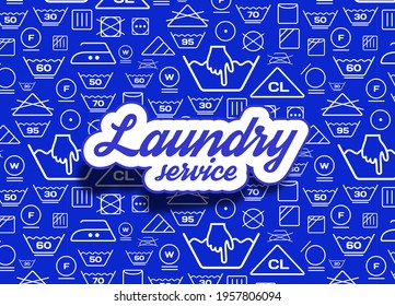 Laundry symbols icons set vector background on blue background
