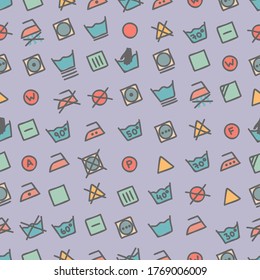 Patrón sin fisuras de símbolos de lavado. Recomendaciones de cuidado de ropa para etiquetas de ropa. Lavandería, planchado, limpieza en seco, secado. Dibujo manual, de color plano.