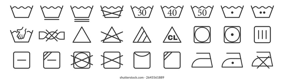 Laundry symbols set, clothing washing instructions, icon vector, isolated on transparent background