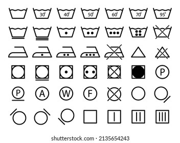 Laundry symbols. Laundry wash icons. Label for care of cloth. Set of pictogram symbols for wash machine and iron dry. Signs of instruction and warning for textile. Vector.