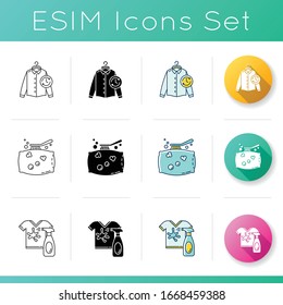 Laundry, textile washing types icons set. Stain removal, express laundry and pillow cleaning. Clothing care services. Linear, black and RGB color styles. Isolated vector illustrations
