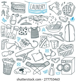 Laundry themed doodle set. Various equipment and  facilities for washing, drying and ironing clothes. Freehand vector sketches isolated over white background.