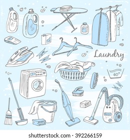 Laundry themed doodle set. Various equipment and facilities for washing, drying and ironing clothes.  Vintage illustration for identity, design, decoration, packages product and interior decorating.