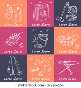 Laundry themed doodle set. Various equipment and facilities for washing, drying and ironing clothes.  Vintage illustration for identity, design, decoration, packages product and interior decorating.