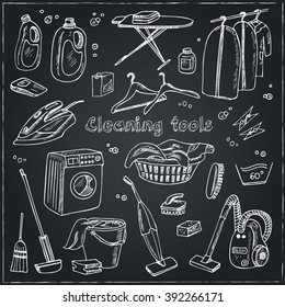 Laundry themed doodle set. Various equipment and facilities for washing, drying and ironing clothes.  Vintage illustration for identity, design, decoration, packages product and interior decorating.