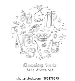 Laundry themed doodle set. Various equipment and facilities for washing, drying and ironing clothes.  Vintage illustration for identity, design, decoration, packages product and interior decorating.