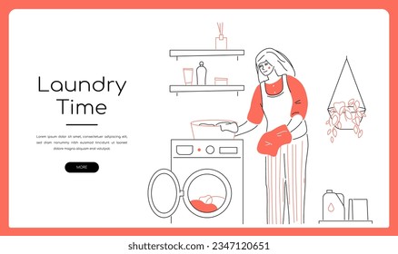 Laundry time - modern colorful flat design style illustration on white background. Woman cleans dirty things in a washing machine. Daily routine, bathroom and apartment cleaning, tidy up idea