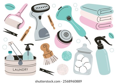 Laundry tools set, vector illustrations in flat cartoon style. Collection of cleaning supplies, steamer, lint roller, brushes, spray bottle, towels, detergent, and basket. Garment care pastel doodles