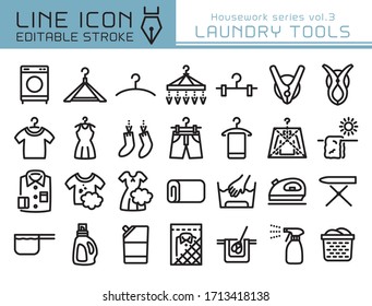 Laundry tools vector icon set. Editable line stroke.